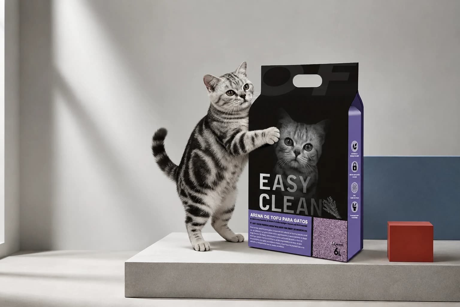 Silberne Katze neben einer schwarz-violetten Easy-Clean-Verpackung für Tofu-Katzenstreu